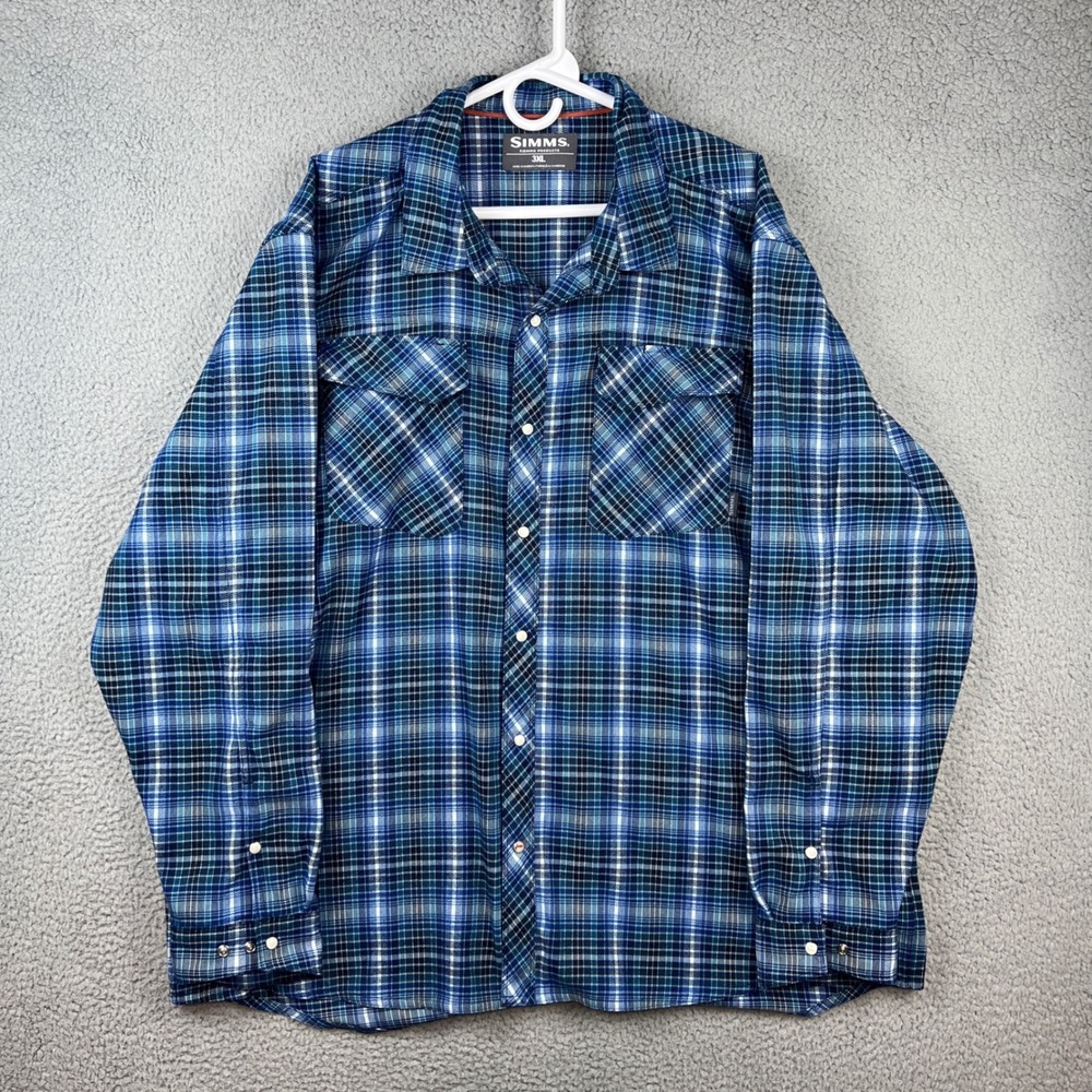Simms Fishing Products Mens 3XL Blue Plaid Long Sleeve Snap Flannel Shirt